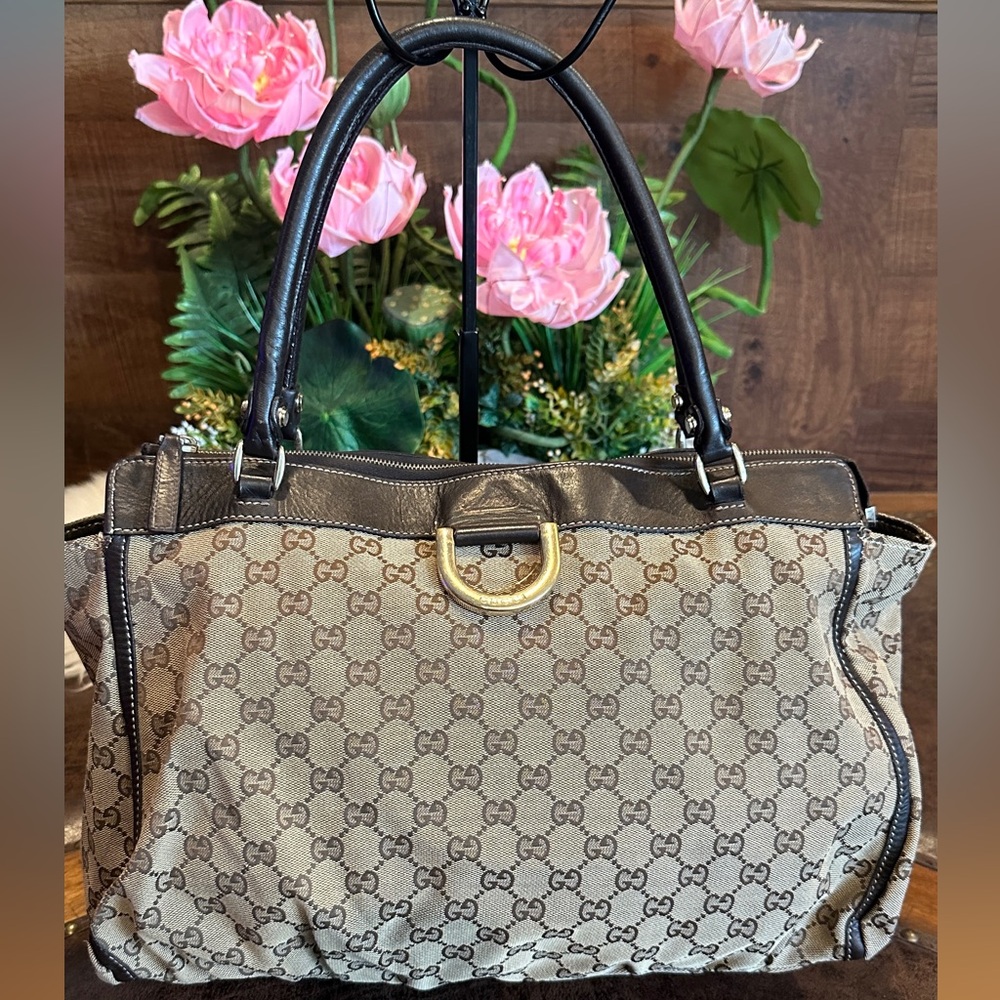 Auth Gucci Handbag Tote Bag Beige GG Canvas Leather Italy
